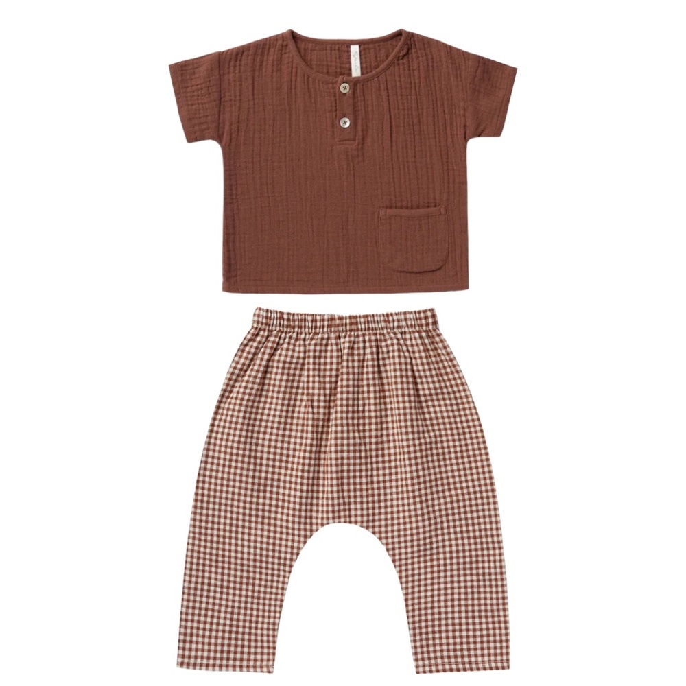 Rylee and Cru Infant Set of Rowan Pant and Woven Henley Tee - 6-12m